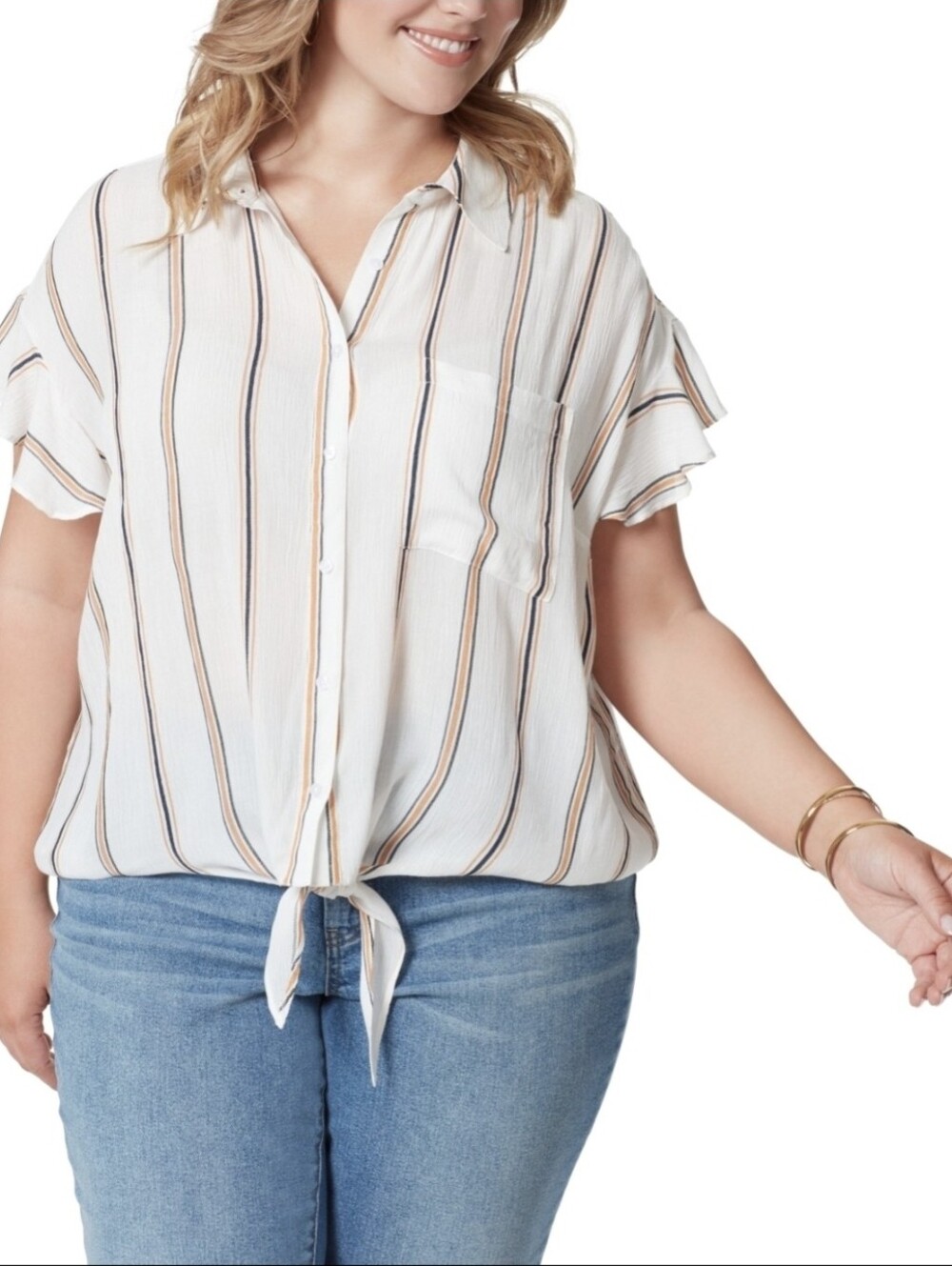 Jessica Simpson Striped Tie Front Button Up Blouse White Orange 1X NWT